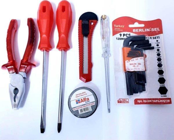 Asaf Yapı Market Pense+Duz Yıldız Tornavida Falcata 9 Alyan Seti + Kontrol Kalemi Elektirikci Bant - Image 1