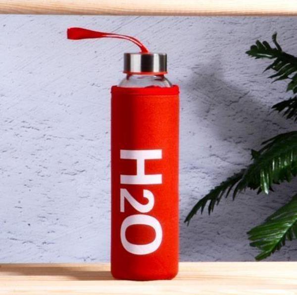 Kılıflı H2O cam matara - su matarası 500 ml suluk kırmızı - Image 1