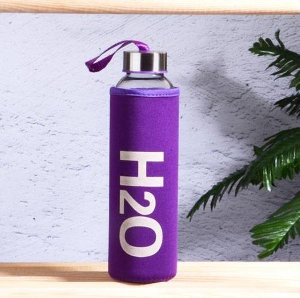 Kılıflı H2O cam matara - su matarası 500 ml suluk mor - Image 1