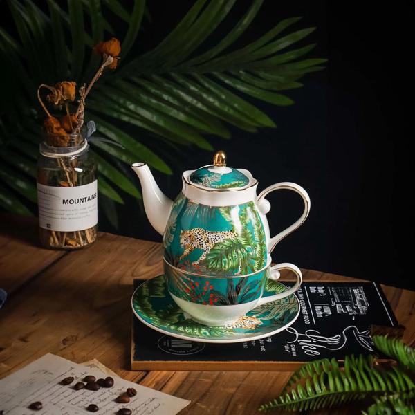 Sodelicious Green Haven 4 Parça Orman Desenli Çay ve Kahve Fincanı + Porselen Demlik Seti - Image 1