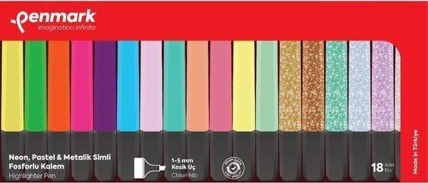 Penmark Fosforlu Kalem 18 li Asetat Karışık Renk 6 Neon +6 Pastel + 6 Simli Blisterli Set - Image 1