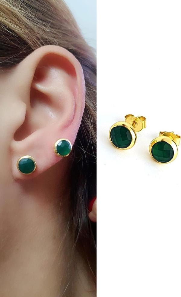 Kök Zümrüt Taşlı 925ayar Gümüş Üzerine Altın Kaplama Tasarım Doğal Taş Küpe - Image 1