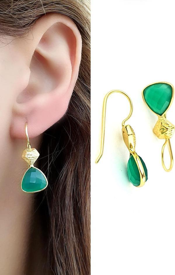 Kök Zümrüt Taşlı 925ayar Gümüş Üzerine Altın Kaplama Tasarım Doğal Taş Küpe  - Image 1