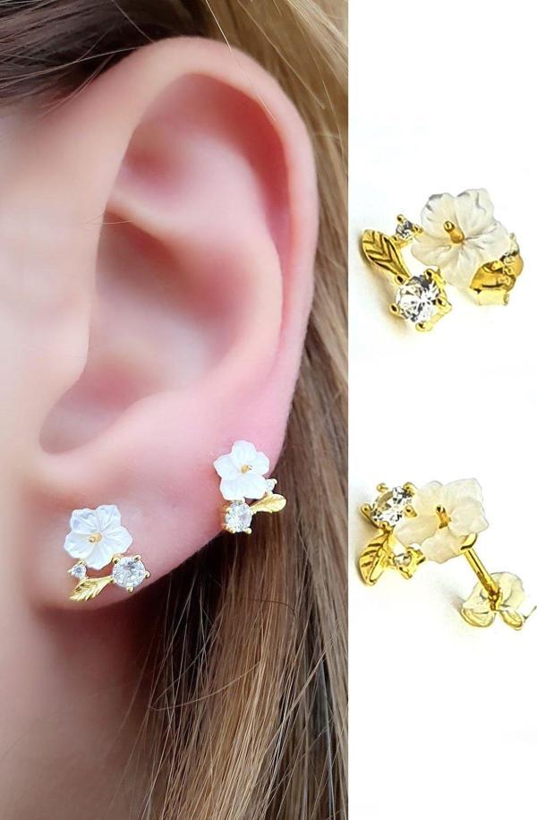 925ayar Gümüş Üzerine Altın Kaplama Tasarım El İşi sedef manolya küpe  - Image 1