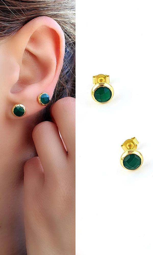 Kök zümrüt Taşlı 925ayar Gümüş Üzerine Altın Kaplama Tasarım Doğal Taş Minimal Küpe - Image 1