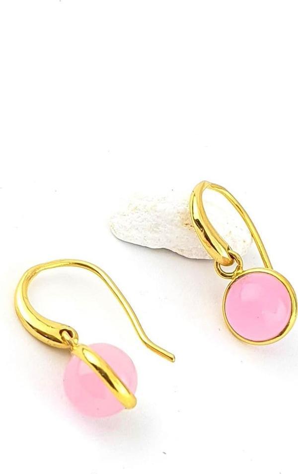 Pembe kuvars Taşlı 925ayar Gümüş Üzerine Altın Kaplama Sallantılı Top Küpe - Image 1