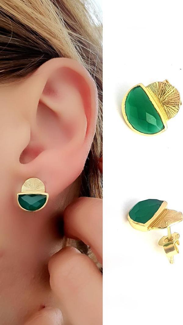 925ayar Gümüş Üzerine Altın Kaplama Tasarım Yeşim Taşlı Küpe  - Image 1