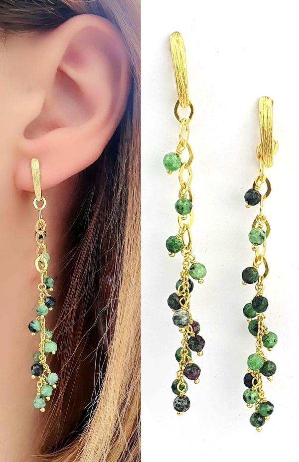 Agat Taşlı 925ayar Gümüş Üzerine Altın Kaplama Tasarım Doğal Taş Sallantılı Küpe  - Image 1