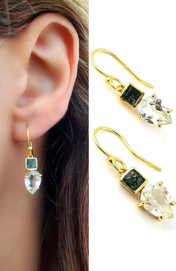 Agat ve sitrin taşlı 925ayar gümüş üzerine altın kaplama tasarım Doğal Taş Küpe - Image 1