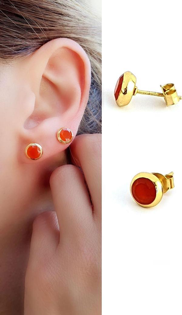 Akik  Taşlı 925ayar Gümüş Üzerine Altın Kaplama Tasarım Doğal Taş Minimal Küpe  - Image 1