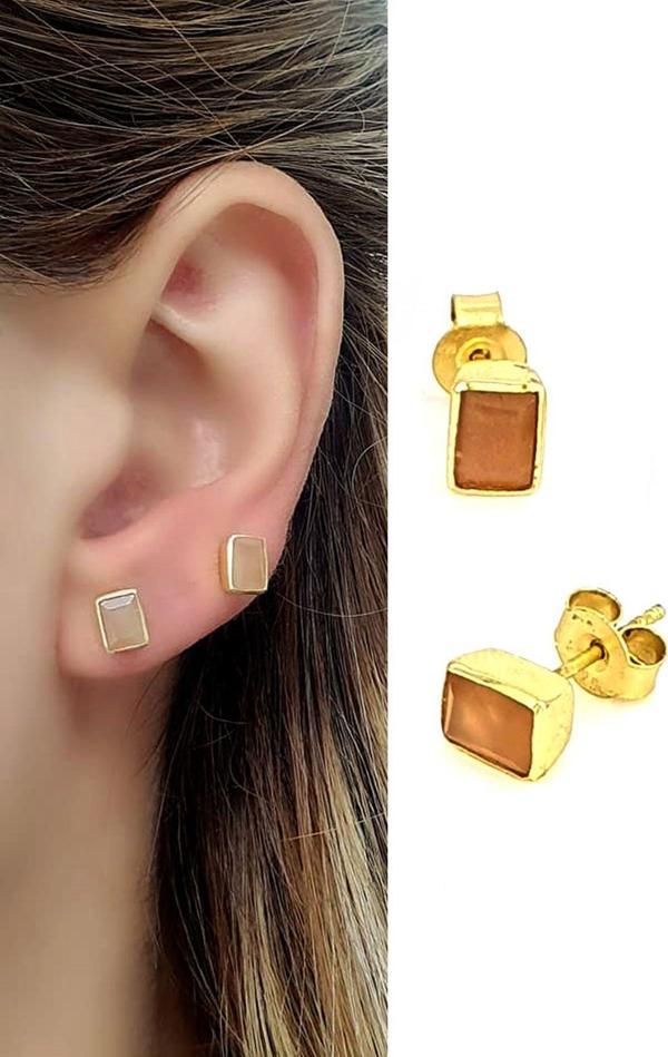 Akik taşlı 925 ayar gümüş üzerine altın kaplama minimal küpe - Image 1