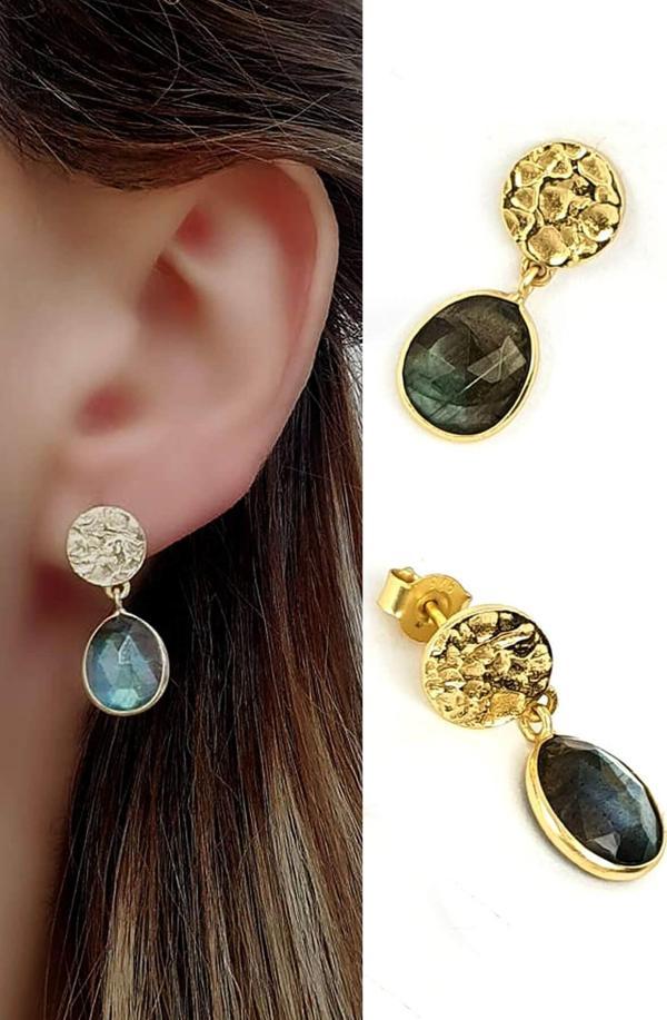 labradorit taşlı 925ayar gümüş tasarım gümüş üzerine altın kaplama küpe - Image 1