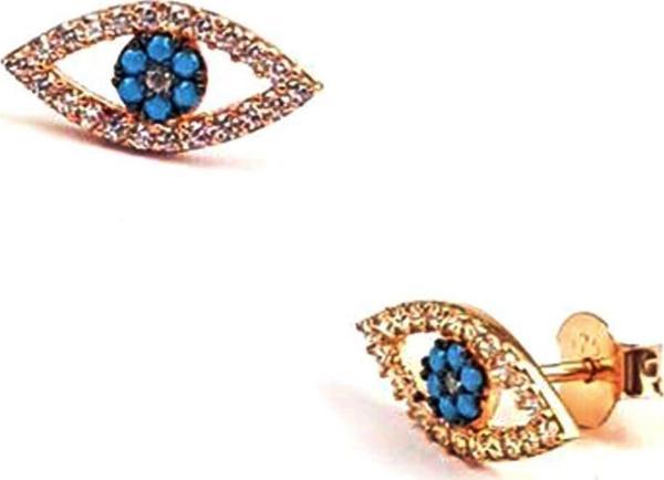Göz figürlü turkuaz ve zirkon taşlı gümüş üzerine rose altın kaplama küpe - Image 1
