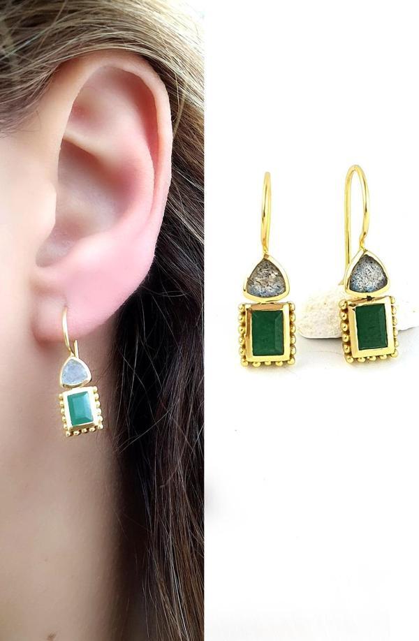 Labrodorite Kök zümrüt taşlı 925ayar gümüş üzerine altın kaplama tasarım Doğal Taş Küpe  - Image 1