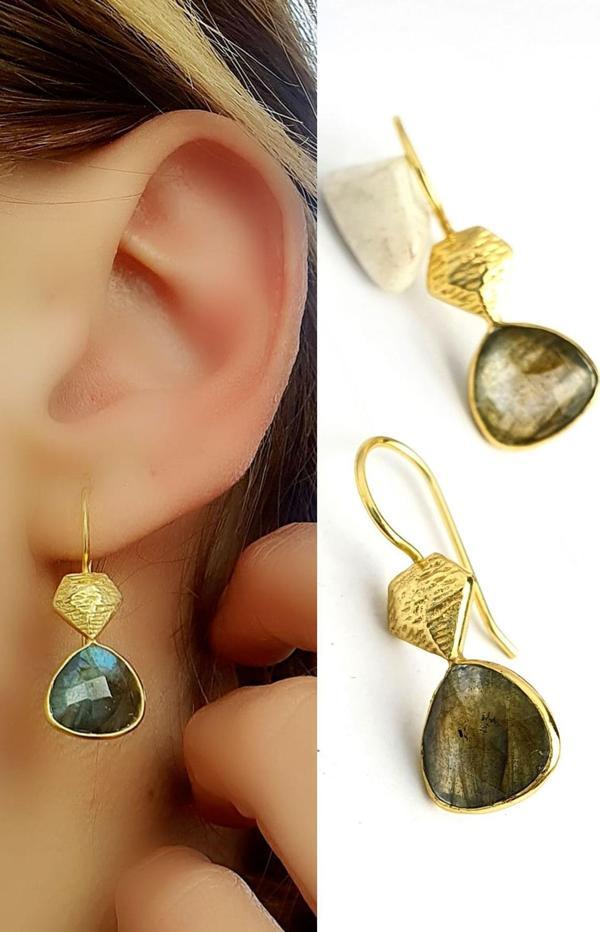 Labrodorite Taşlı 925ayar Gümüş Üzerine Altın Kaplama Tasarım Doğal Taş Küpe  - Image 1