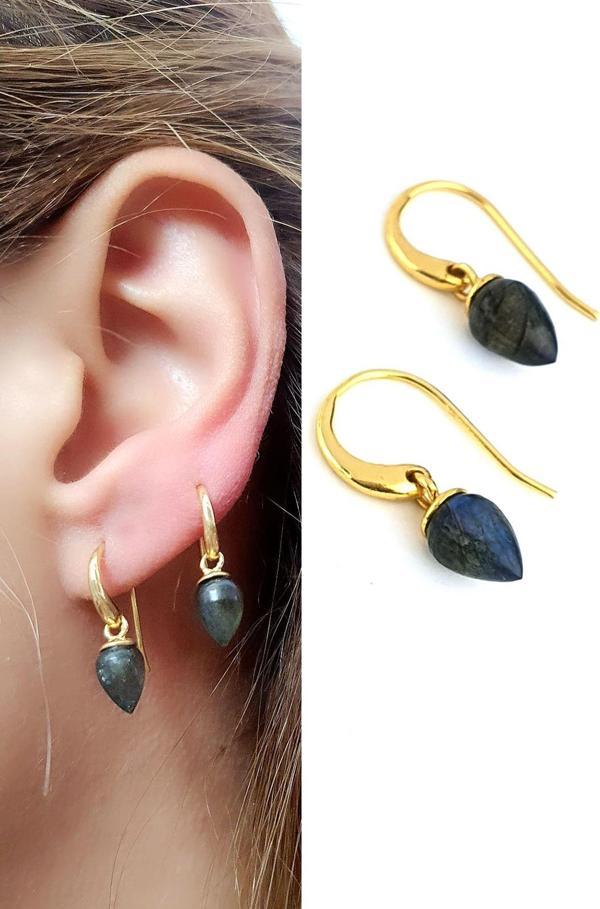 Labrodorite Taşlı 925ayar Gümüş Üzerine Altın Kaplama Tasarım Doğal Taş Küpe  - Image 1