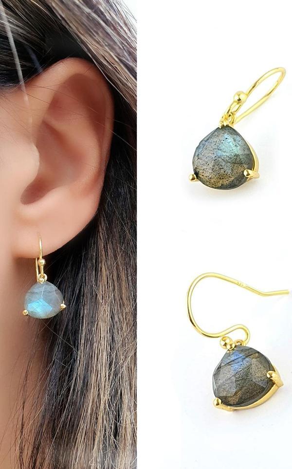 Labrodorite Taşlı 925ayar Gümüş Üzerine Altın Kaplama Tasarım Doğal Taş Küpe  - Image 1