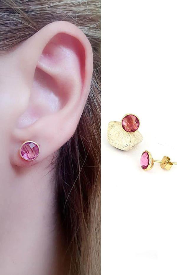 Pembe zirkon taşlı 925ayar gümüş üzerine altın kaplama el işi küpe - Image 1