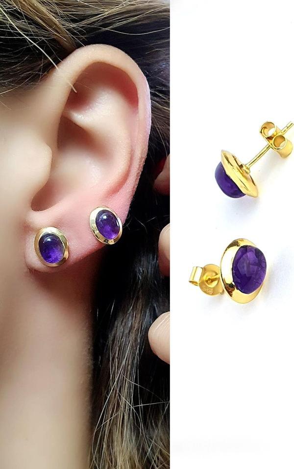 Ametist Taşlı 925ayar Gümüş Üzerine Altın Kaplama Tasarım Doğal Taş Küpe - Image 1