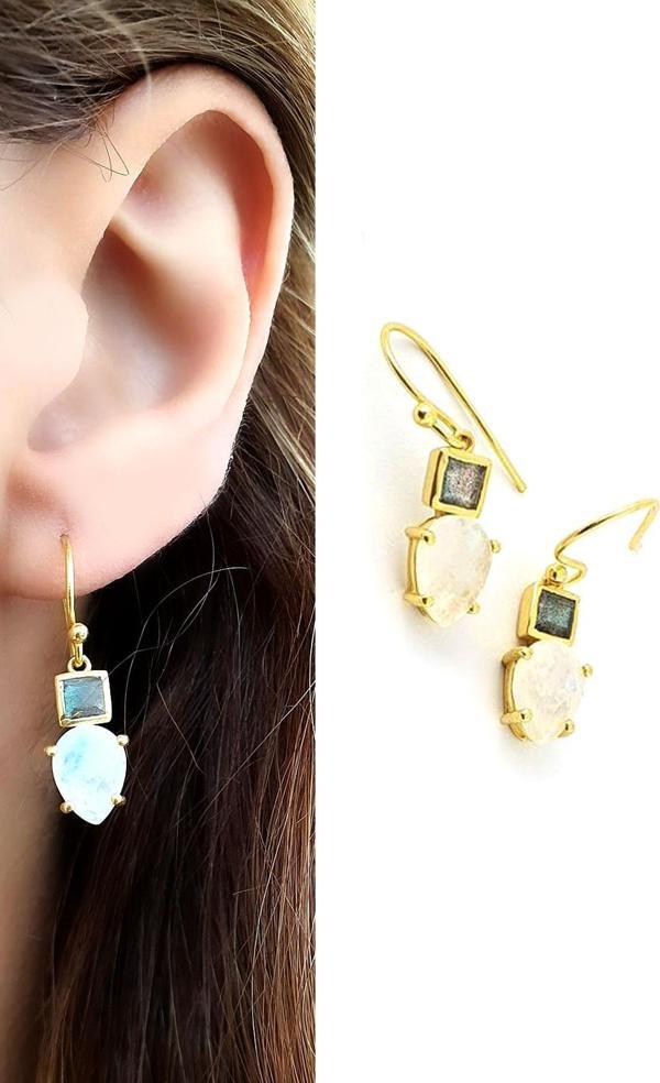 Labrodorite ve Ay taşlı 925ayar gümüş üzerine altın kaplama tasarım Doğal Taş Küpe  - Image 1