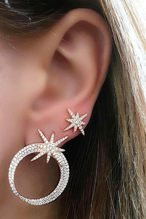 Pırlanta ışıltısında kutup yıldızı figürlü zirkon taşlı gümüş lüks tekli kombin küpe - Image 1