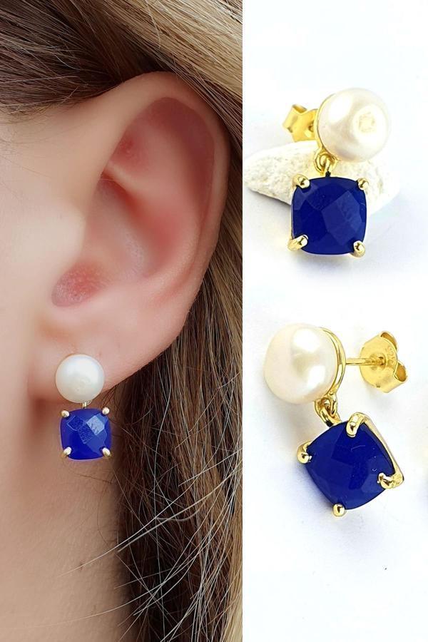 İnci ve Lapis Lazuli Taşlı 925ayar Gümüş Üzerine Altın Kaplama Tasarım Doğal Taş Küpe  - Image 1