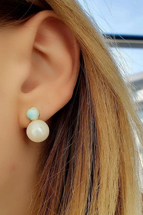 İnci ve Larimar Taşlı 925ayar Gümüş Üzerine Altın Kaplama Tasarım Doğal Taş Küpe - Image 1