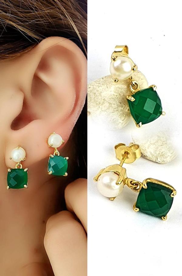 İnci ve Yeşim Taşlı 925ayar Gümüş Üzerine Altın Kaplama Tasarım Doğal Taş Küpe - Image 1