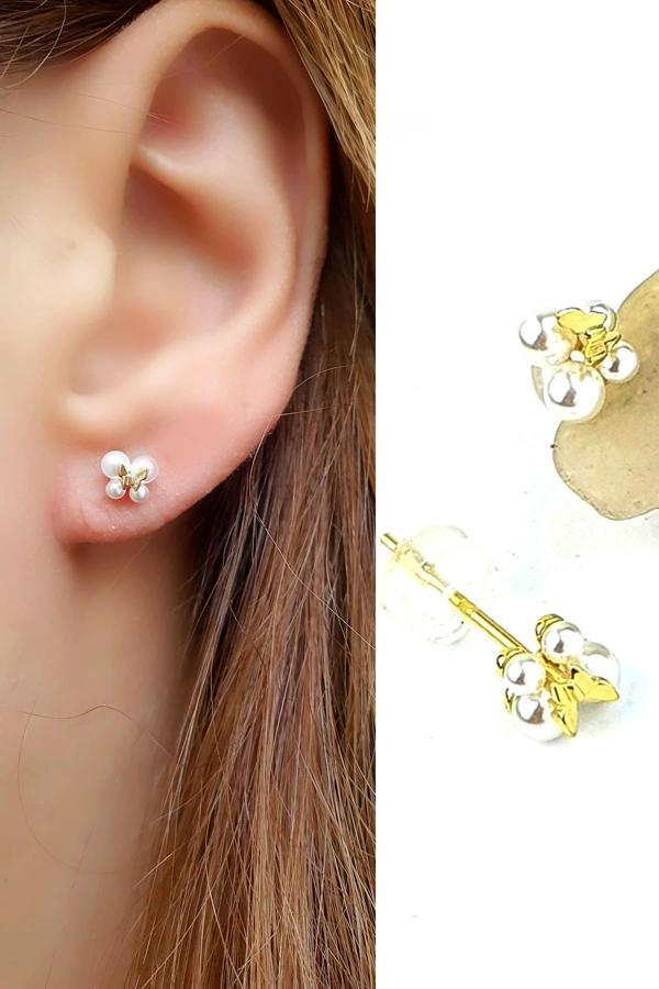 İncili 925ayar Gümüş Üzerine Altın Kaplama Tasarım  Minimal El İşi Kelebek Küpe - Image 1