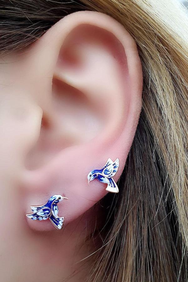 Mavi Mine işçiliği 925ayar gümüş Totem Kuşu Tasarım Küpe - Image 1