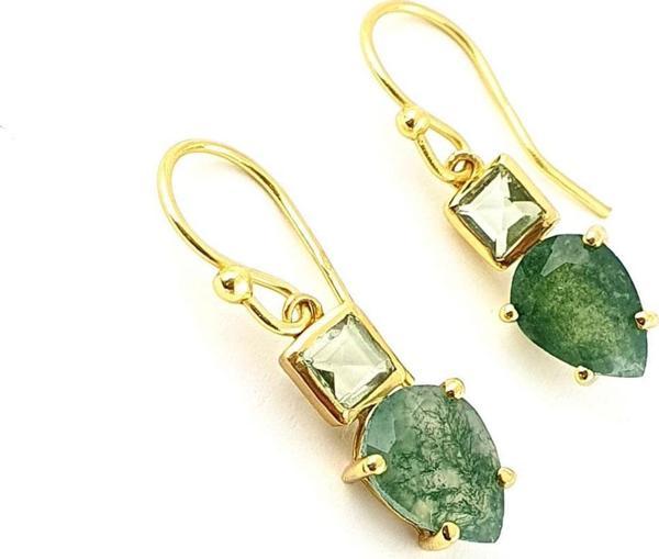 Mavi topaz ve ķök zümrüt taşlı 925ayar gümüş üzerine altın kaplama tasarım Doğal Taş Küpe - Image 1