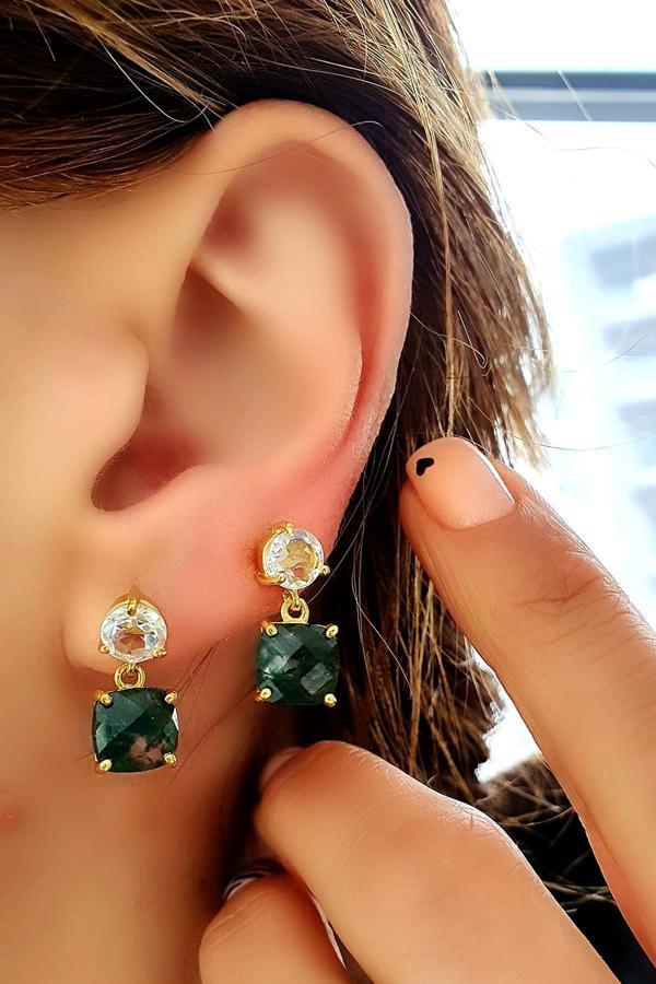 Mavi topaz ve yosun agat taşlı 925ayar Gümüş üzerine Altın kaplama tasarım Doğal Taş Küpe - Image 1