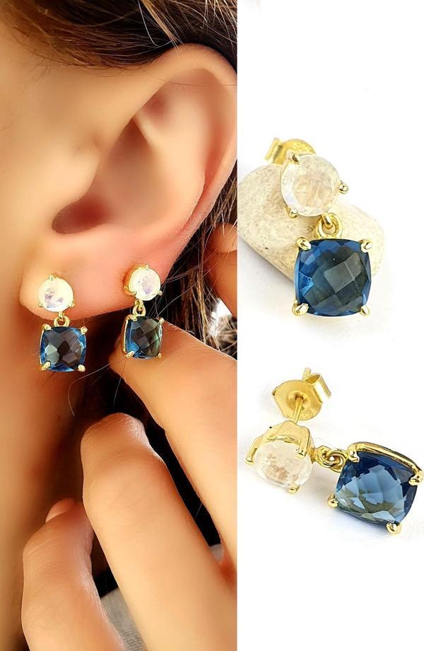 Ay Taşı ve Aquamarin Taşlı 925ayar Gümüş üzerine Altın kaplama tasarım Doğal Taş Küpe  - Image 1