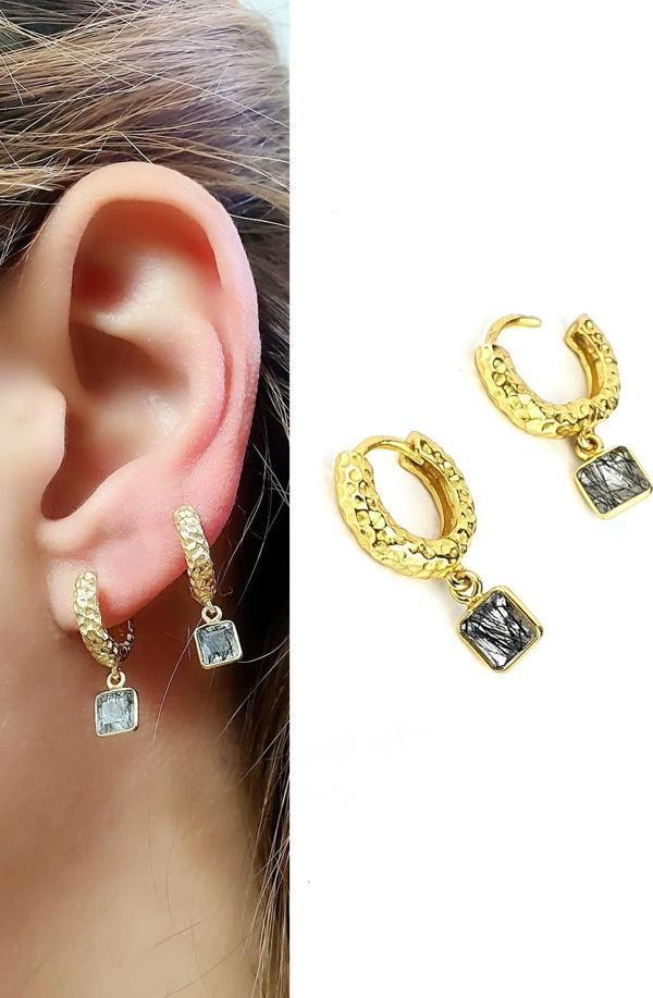 Rutil kuvars  Taşlı 925ayar Gümüş Üzerine Altın Kaplama Doğal Taş Minimal Halka Küpe  - Image 1