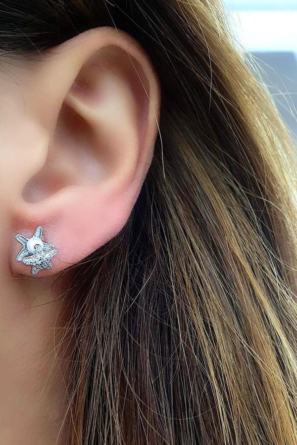 Deniz Yıldızı Figürlü 925 ayar Gümüş Tasarım İnci Küpe - Image 1