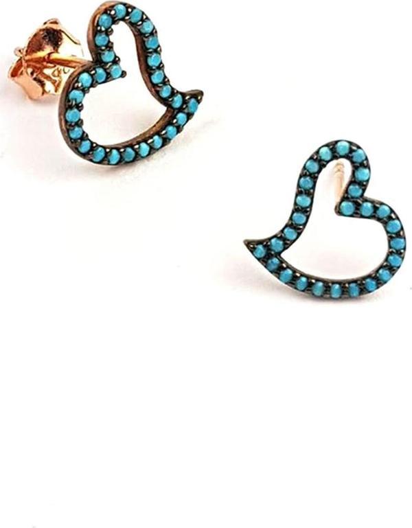 Turkuaz taşlı gümüş üzerine rose altın kaplama kalpli küpe - Image 1