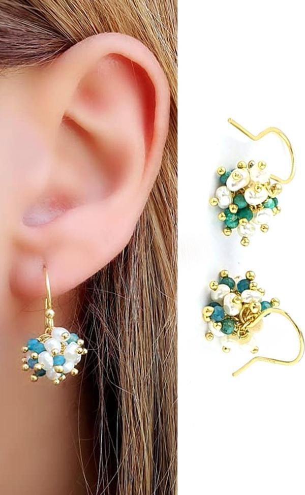 Turkuaz ve İncili 925ayar Gümüş Üzerine Altın Kaplama Tasarım Doğal Taş Küpe  - Image 1