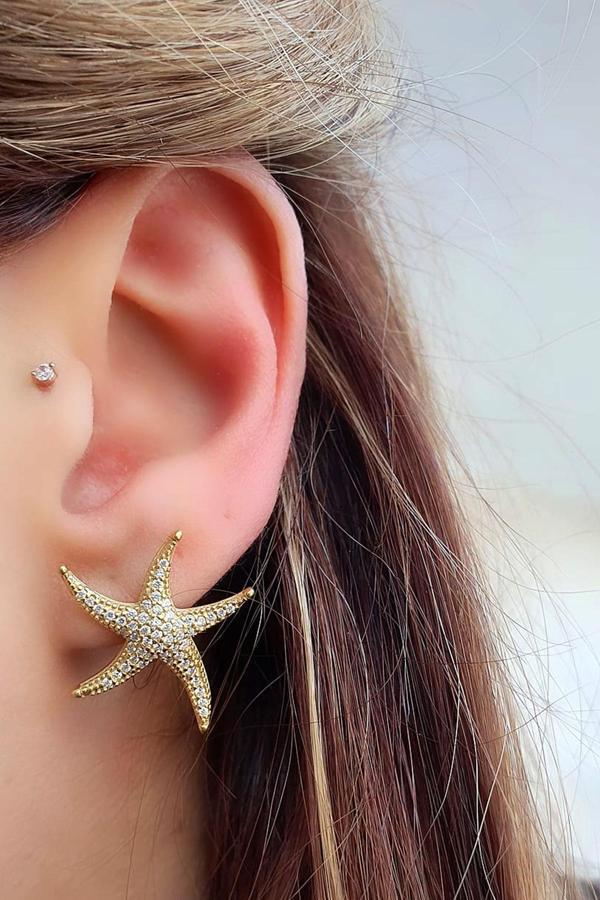 Zirkon Taş Detaylı 925ayar Gümüş Üzerine Altın Kaplama İtalyan Deniz Yıldızı Figürlü Küpe - Image 1