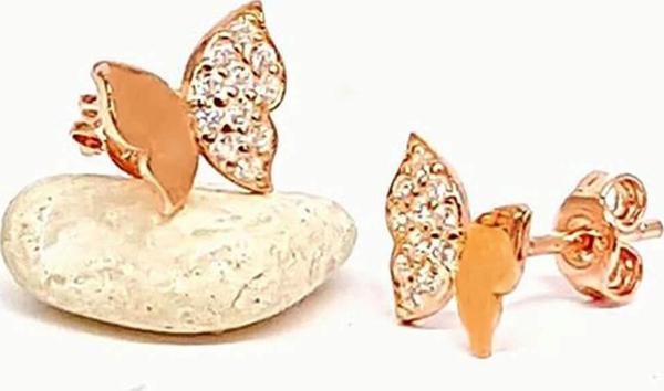 Zirkon taşlı kelebek figürlü gümüş üzerine rose altın kaplama küpe - Image 1