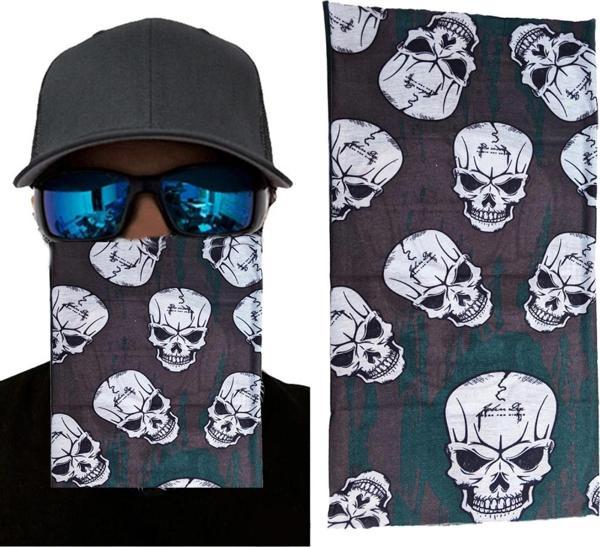 Kahve Yeşil Renk Üzeri Likralı Çoklu Kafatası Baskılı Baf Buff Bandana 25x48 cm - Image 1