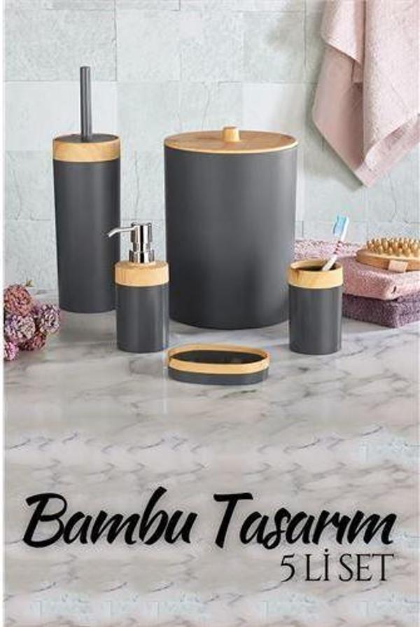 Findit 5 li Banyo Seti Bambu Design ANTRASİT 330885 - Image 1
