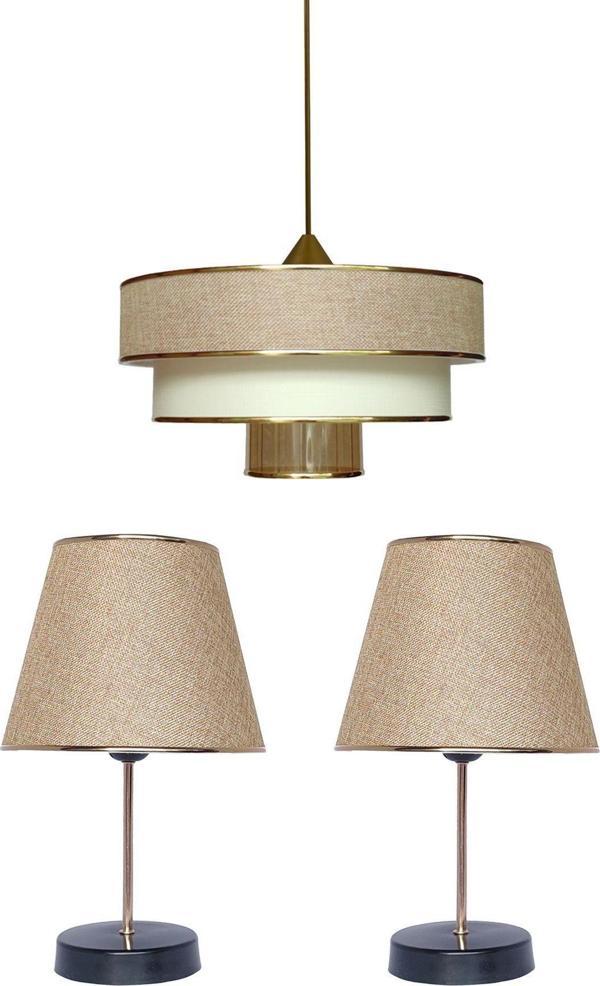 Eslight 71-80 Cm Myk Avize Ve Abajur Seti Koyu Bej Ma12 Kumaş Altın Salon / Oturma Odası 30 E27 Modern 1 - Image 1