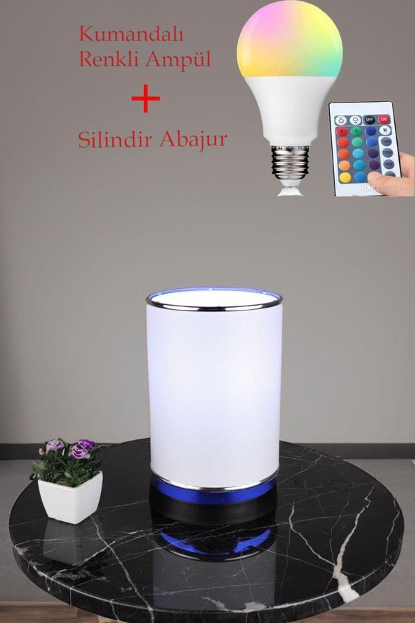 Eslight 9 Watt Kumandalı Renkli Ampul Ve Silindir Tasarım Beyaz Abajur Gece Lambası - Image 1