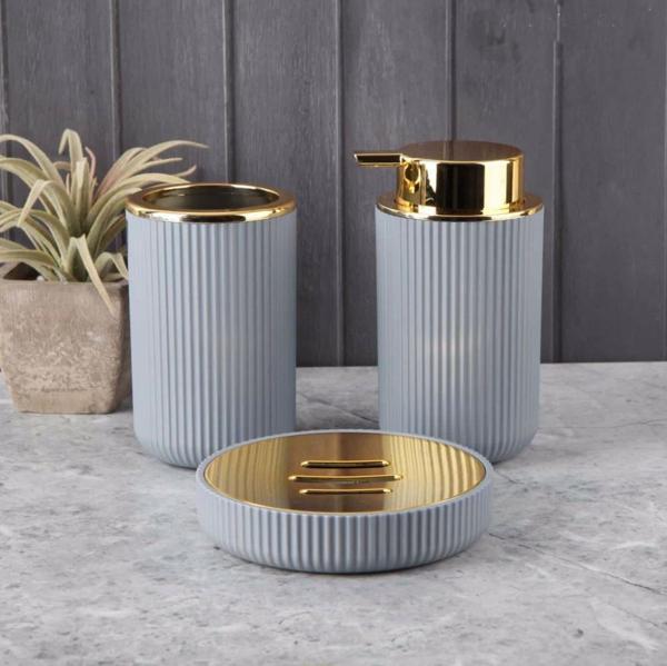 Perotti lisbone 3 parça akrilik banyo seti takımı - fırçalık sabunluk gri gold - Image 1
