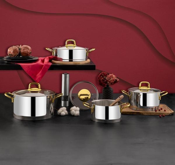 Özlife hüma gold 8 parça çelik tencere seti takımı - çeyiz seti - Image 1