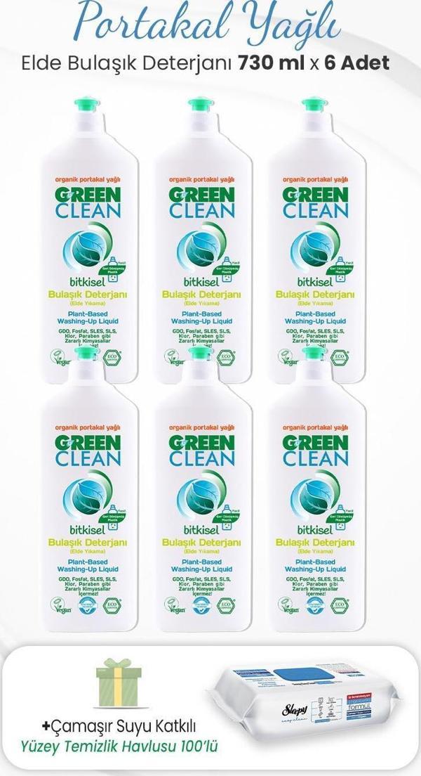 Green Clean 730 ml Bitkisel Elde Bulaşık Deterjanı x 6 Adet ve Çamaşır Sulu Temizlik Havlusu - Image 1