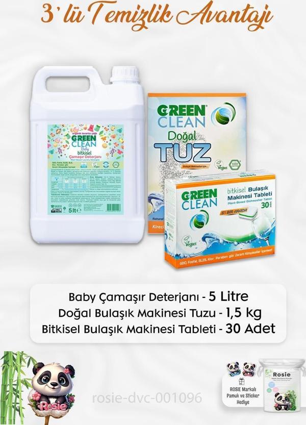 Green Clean Baby Çamaşır Deterjanı 5 lt, B.Makinesi Tableti 30'lu, Makine Tuzu 1.5 kg ve ROSIE - Image 1