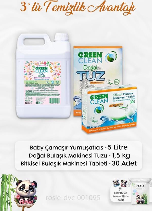 Green Clean Baby Çamaşır Yumuşatıcı 5 lt, B.Makinesi Tableti 30'lu, Makine Tuzu 1.5 kg ve ROSIE - Image 1