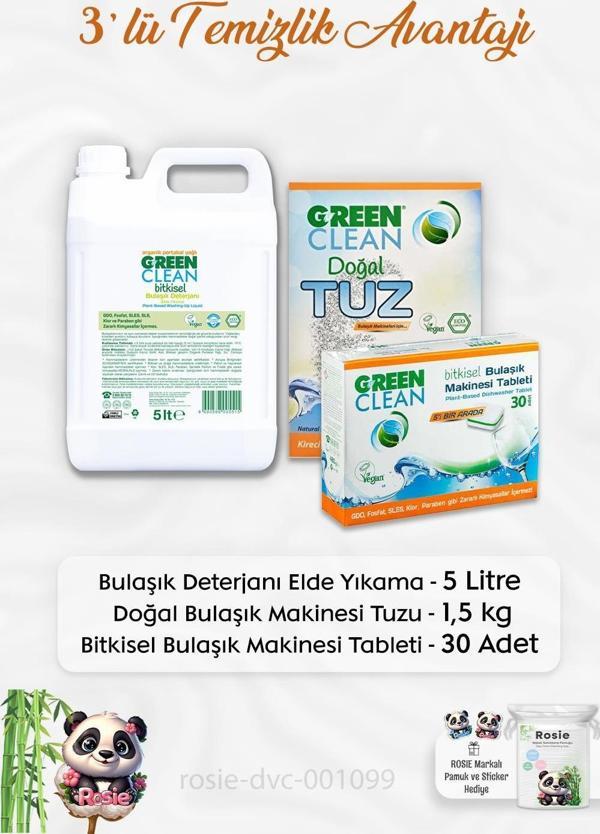 Green Clean Bulaşık Deterjanı 5 lt, B.Makinesi Tableti 30'lu, Makine Tuzu 1.5 kg ve ROSIE - Image 1