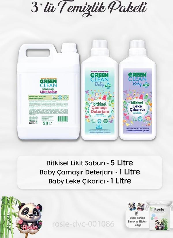 Green Clean Likit Sabun Portakal Yağlı 5 lt, Baby Çamaşır Deterjanı 1 lt, Leke Çıkarıcı 1 lt ve ROSIE - Image 1